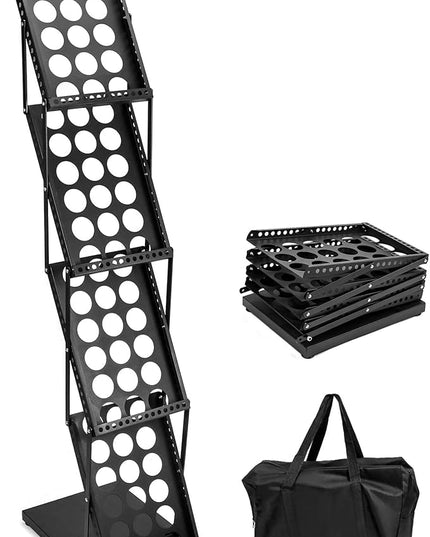 QWORK Magazine Brochure Display Rack Stand, 4 Pocket Foldable Literature Catalog Rack Book Holder Tradeshow Display Stand, for Office Store and Exhibition Trade Show (Black)