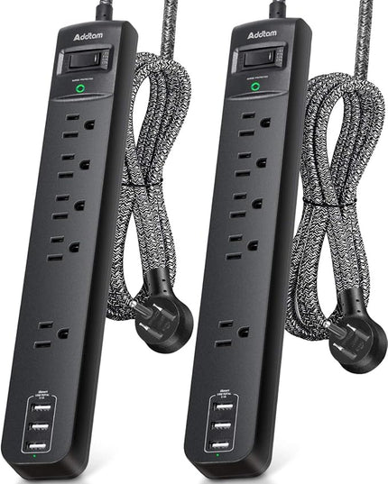 10Ft Long Surge Protector Power Strip - Extension Cord with Multiple Outlets, 5 Widely Outlets 3 USB Charging Ports, Flat Plug Overload Surge Protection, Wall Mount for Home, Office ETL Listed, 2 Pack