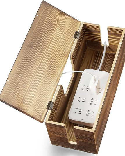 Large Cable Management Box - Burnt Wood Cable Organizer Box and Power Strip Box for Electrical Cord Management - Hide Desk Cord and Floor Cables - Wire Storage and Organization for Cords
