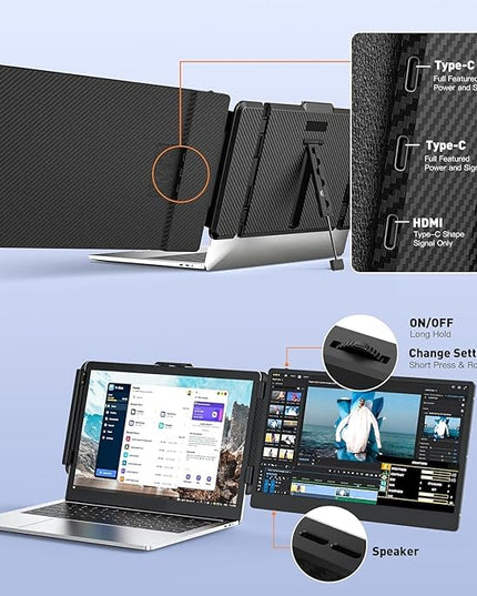 Laptop Screen Extender 14-inch, 1080P FHD Portable Monitor, Type-C/HDMI/USB-A Plug & Play, Laptop Monitor Extender fits Laptops with Screen up to 15.35" Wide, Compatible with Windows, Mac, Chrome