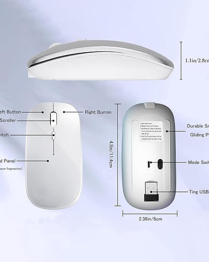 Wireless Bluetooth Mouse Rechargeable Laptop Mice Silent Slim Use(BT5.2 and 2.4G Portable USB Receiver) Dual Mode Computer Mouse for Laptop/iPad/Tablet/Apple/Computer/Mac(Bright White)