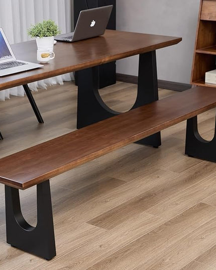 Walnut Color Long Bench Solid Wood Top Metal Legs U-Shaped Design Durable Sturdy Dining Bench Ideal for Office Home Restaurant Patio Multiple (Bench, 62.99in)