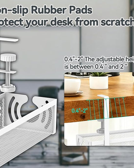 Cable Management, 15'' Under Desk Cable Management Tray No Drill, Metal Cable Organizer with Clamp for Wire Management, Cord Organizer for Home Office, Desk Accessories Organizer, White
