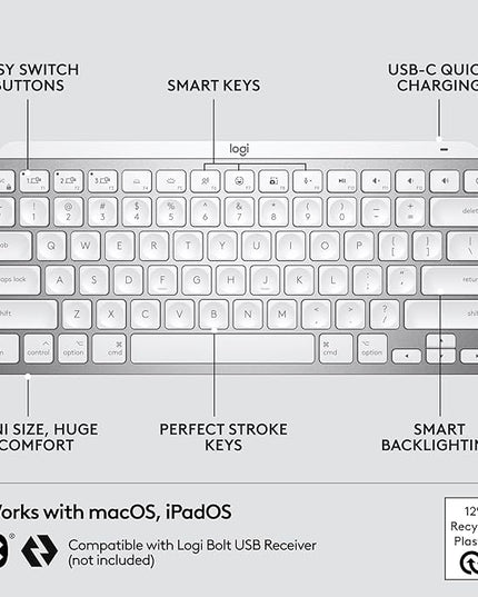 Logitech MX Keys Mini for Mac Minimalist Wireless Keyboard, Compact, Bluetooth, Backlit Keys, USB-C, Tactile Typing, Compatible with MacBook Pro,MacBook Air,iMac,iPad - Pale Grey