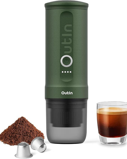 OutIn Nano Portable Electric Espresso Machine, Travel Coffee Maker for Camping, Car Coffee Maker Self-Heating with USB-C, With Ground Coffee & NS Capsule for RV, Hiking, Office