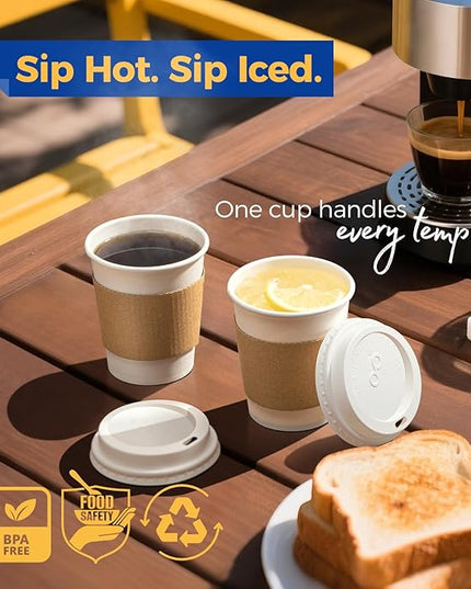 Fit Meal Prep 50 Pack 8 oz Disposable Coffee Cups with Lids, Sleeves, Leak-Proof To Go Coffee Cups with Lids, Durable Hot Paper Cups for Home, Office, Party, Business