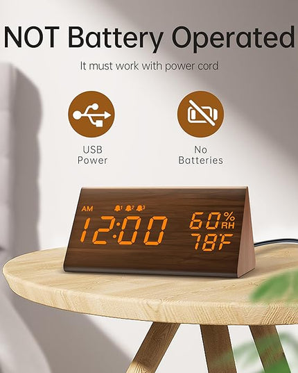 JALL Digital Alarm Clock, with Wooden Electronic LED Time Display, 3 Alarm Settings, Humidity & Temperature Detect, Wood Made Electric Clocks for Bedroom, Bedside (Brown)