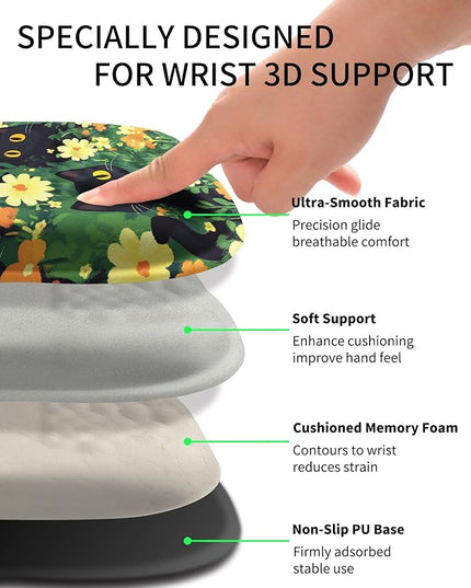 Hokafenle Ergonomic Wrist-Hugging Mouse Pad Wrist Support, U-Shaped Holding Wrist Rest Mousepad for Carpal Tunnel Pain Relief with Cushioned Memory Foam Slope Massage Bulge(10.2x8.3 in,Big Eyed Cat)