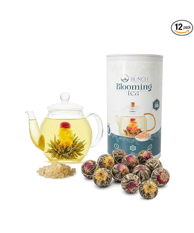 Tea Bunch Blooming Flower Tea Set – 12 Hand-Tied Organic Green Tea Balls with 12 Packs of Rock Sugar, Gift-Ready Packaging, Calming Floral Tea for Wellness & Relaxation (Glass Teapot Not Included)