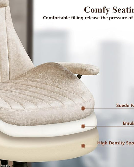Mid Century Modren Office Chair,Computer Desk Swivel Task Chair with Wheels, High Back Ergonomic Executive Chair with Lumbar Support, Faux Lether Suede Fabric Home Chair (High Back, Beige)