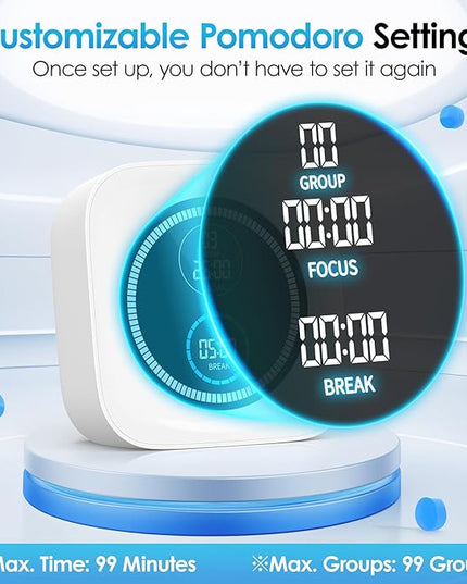 99-Minute Visual Timer with Pomodoro Timer Productivity Focus Timer Countdown Stopwatch Desk ADHD for Study, Work, Student, Procrastination, Loud Alarm/Mute/Vibration, 2 Brightness Levels