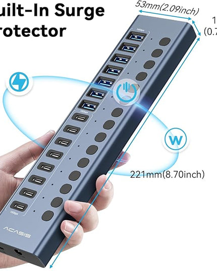Powered USB 3.2 Hub, ACASIS 16 Ports USB 3.2 Hub(8 USB-A 3.2 Ports+8 USB-C 3.2 Ports), Aluminum USB Hub Powered with 96W Power Adapter, USB Hub for PC/Laptop, Computer, Flash Drive, Printer, Camera