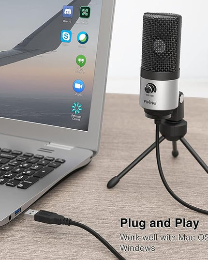 FIFINE USB Microphone for Zoom Video Meeting Online Class on PC Computer, Metal Condenser Desktop Mic with Gain Control for Windows and Mac, Silver - K669S