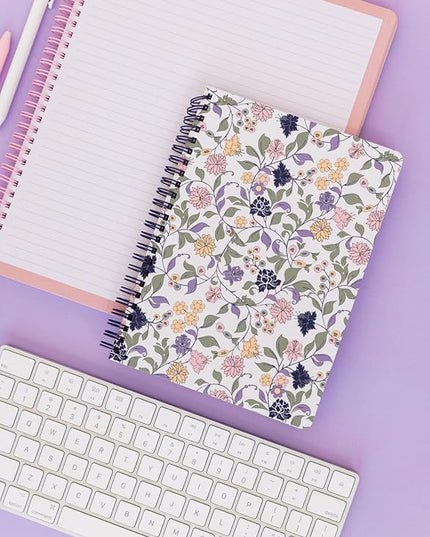 Steel Mill & Co Cute Floral Mini Spiral Notebook, 8.25" x 6.25" Journal with Durable Hardcover and 160 Lined Pages, Purple Vine Ditsy