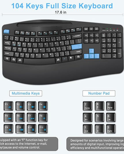 Wireless Keyboard and Mouse Combo, 2.4G Full Size Wave Keys Ergonomic Keyboard with Wrist Rest, Phone Holder, 3-Level DPI Wireless Silent Mouse with 6-Buttons, for Windows, Mac OS, Laptop (Blue Black)