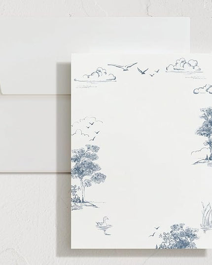 Minted Lake Side Toile Stationery Set, Set of 10 Flat Note Cards & Envelopes for Invitiations and Handwritten Thank You Messages, Toile Design, Lake & Forest Scene, Gifts for Women, Luxurious Paper