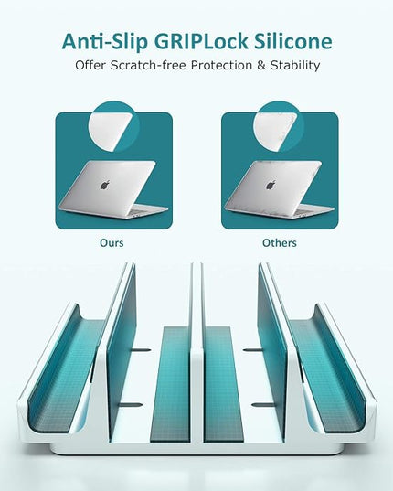Vertical Laptop Stand - SPACEMax Adjustable GRIPLock Anti-Tip Silicone 4 Slots Aluminum Desktop Holder - Double Dock Stand - 2 Phone Slots Fits Up to 17.3” Laptops, Tablets, Phones - Silver