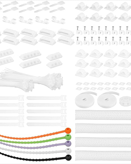 319pcs Cable Management Organizer Kit, Desk Cord Organizer, 98 Adhesive Cable Clips Holder, 17 Reusable Cable Strap, 4 Cable Sleeve Split, and 200 Nylon Cable Zip Ties (White)