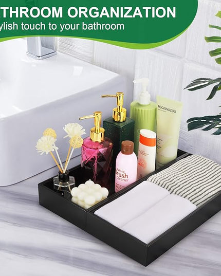 Bamboo Kitchen Drawer Organizer - Set of 2, Stackable Utensil Organizers, Wooden Storage Box Tray for Cabinet, Pantry, Bathroom Countertop, Multi-use Organization and Storage (Black)