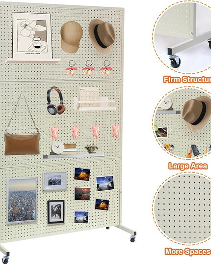 3.5'x 6' Pegboard Display Stand with T-Base, Metal Peg Board Organizer Panels Display Rack With Wheel, Standing Pegboard Display, Extra 30 pieces Hooks, Cream