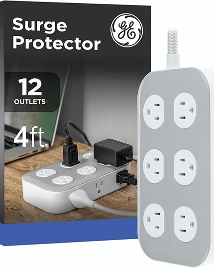 GE UltraPro 12-Outlet Surge Protector, 2100 Joules, 4ft Braided Extension Cord, Flat Plug, Power Strip with Wide-Spaced Outlets, Gray/White – 84670