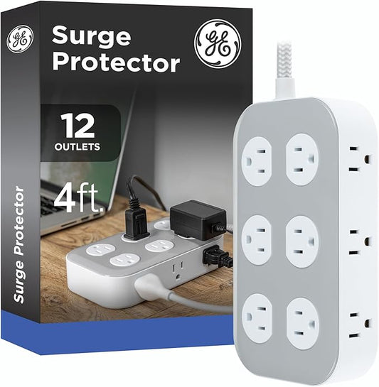 GE UltraPro 12-Outlet Surge Protector, 2100 Joules, 4ft Braided Extension Cord, Flat Plug, Power Strip with Wide-Spaced Outlets, Gray/White – 84670