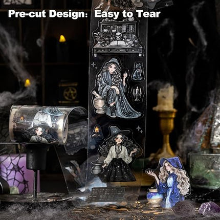 AuriicLeaf Magic-Themed PET Sticker Tape Set – 6 Rolls Pre-Cut Fantasy Witch Designs, Adhesive, with Clip for Scrapbook, Journal and DIY Decoration