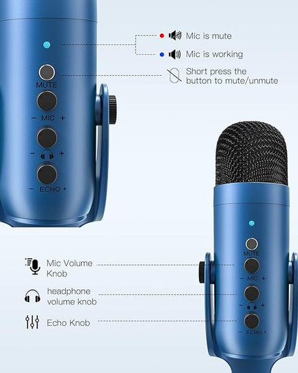 ZealSound Podcast Microphone for PC, Noise Cancellation USB Mic with Gain, Volume Adjustment & Mute Button, Monitoring & Echo, for YouTube, TikTok, Podcasting, Streaming, iPhone, iPad, Android(Blue)