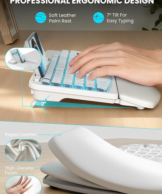 SABLUTE Wireless Keyboard and Mouse Combo - Ergonomic Wave Keyboard with Soft Leather Wrist Rest, Phone Holder, Rechargeable, RGB Backlit Mouse, Full-Size Set for Windows/Mac/Computer (White)