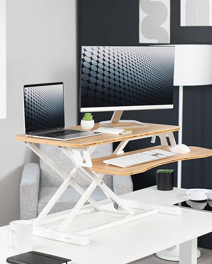 VIVO 32 inch Desk Converter, K Series, Height Adjustable Sit to Stand Riser, Dual Monitor and Laptop Workstation with Wide Keyboard Tray, Bamboo Top, White Frame, DESK-V000KO