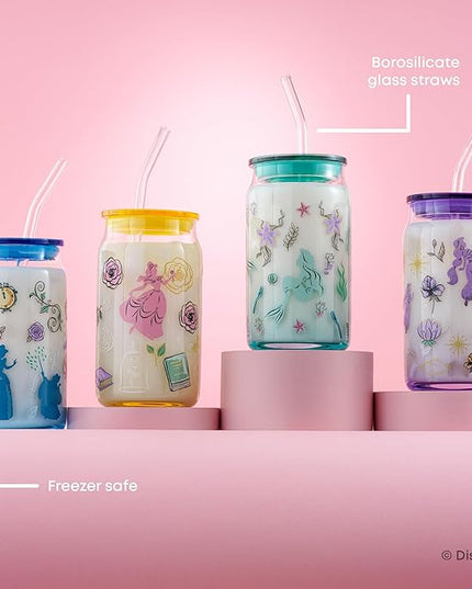 JoyJolt Disney Princess Icon Glass Tumblers with Lids and Straws, 16oz Glass Cups with Lids and Straws ft Princess Jasmine Ariel Cinderella Belle, 4pc Can Shaped Drinking Glasses, Iced Coffee Cups