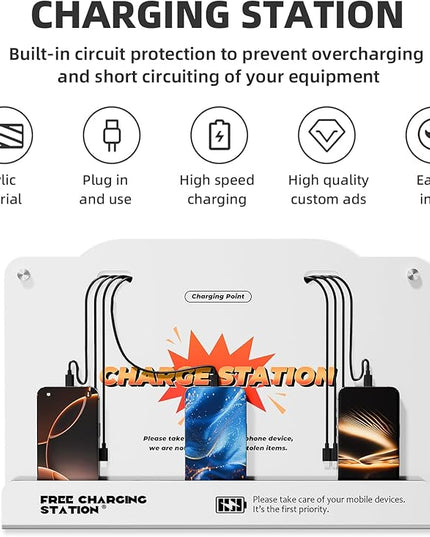 8-Port Wall Mounted Charging Station with Universal Cables – Fast Charging Dock for iPhone, Android & Type-C Devices – Perfect for Office, Airport, Hotel & School Use (White)