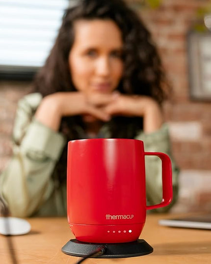 THERMACUP Premium Heated Coffee Mug with 5 Temperature Settings, Industry-Leading Smart Electric Cup, Up to 8-Hour Battery, 12oz with Lid (14oz Total Capacity), Cherry Red
