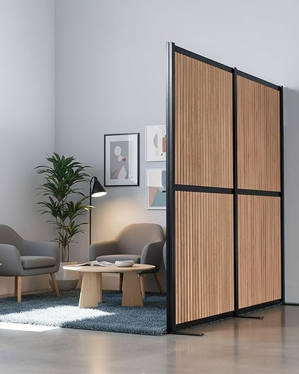 VIVO Modular Wall System, 2 PET Panels, Modern Professional Office Cubicle Dividers, Freestanding Privacy-Screen, 66 inches High, Wood Slat, Black Frame, PP-MWS63BWD