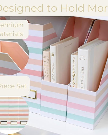 BLU MONACO Set of 4 Foldable Magazine Holders in Pastel Stripes | Cardboard Vertical File Organizer Boxes with Gold Label Holders | Stylish Paper Organizer for Desk, Office & Classroom