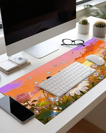 XL Mouse Pad Gaming Mousepad 31.5 x 11.8 Inch Large Keyboard Desktop Mat Diatomite XL Mouse Pad for Home and Office Desk Accessories with Sunset Garden Butterfly Artwork
