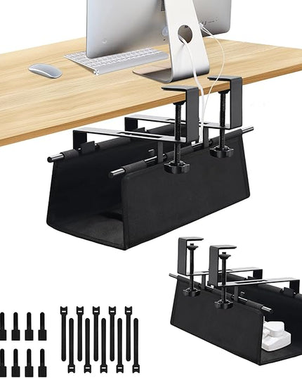 Under Desk Cable Management Tray, Clamp-On Cord Organizer，No Drilling Required, Holds Up to 22 lbs, for Cords, Routers, Power Strips (Black, 28.4inch)