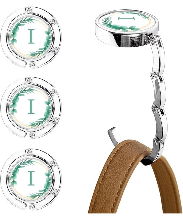 XSUIOY 3Pcs Personalized Initial Foldable Purse Hook for Table,Crushed Flower Letters Folding Purse Hanger,Purse Holder Handbag Hanger Collection Desk Table Bag Hooks Gifts for Women Bag(Green-I)