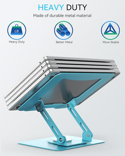 SOUNDANCE Laptop Stand with 360° Rotating Base, Ergonomic Computer Riser for Desk, Adjutable Height Muti-Angle, Foldable Laptop Mount, Stable Metal Holder Support 10-15.6" Notebook PC, Blue