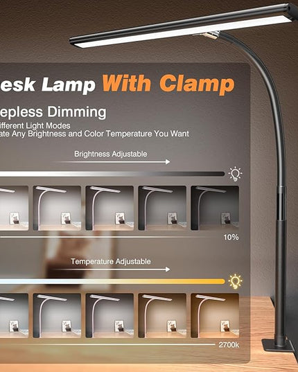 LED Desk Lamp for Office Home, Eye-Caring Desk Light with Stepless Dimming Adjustable Flexible Gooseneck, 10W USB Adapter Desk Lamp with Clamp for Reading, Study, Workbench (Black)