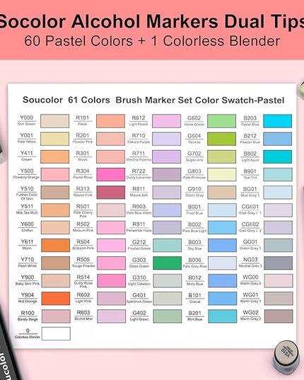 Soucolor 61 Colors Pastel Alcohol Based Markers Set | Professional Dual Tip Art Markers with Brush & Chisel Tips | Includes 1 Blender & Carry Case | For Artists, Adults Coloring, Drawing, Illustration