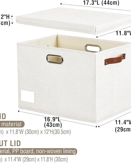 17" Large Collapsible Storage Bins with Lids, Stackable Closet Organizers with PU Handle and Labels, 3-Pack Decorative Fabric Storage Boxes for Home, Bedroom, Closet, Office, Nursery(White)