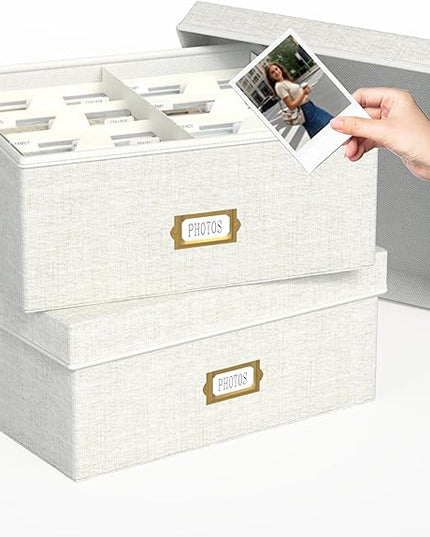 Decorative Photo Storage Box - 2 Pack Linen Photo Box Organizer with Dividers, Fits Holds Up to 1700 Pictures and 4x6 Photos, Memory Keepsake Organizer for Scrapbook Supplies, Cards, Stamps (Beige)