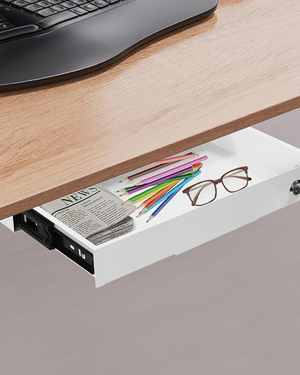 14.17" Under Desk Storage Drawer, Locking Design White Sliding Pull-Out Drawer for Sit Stand Workstation