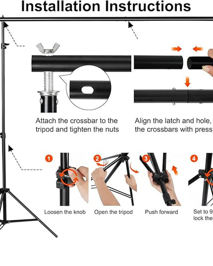 10x7ft Adjustable Photography Backdrop Stand Kit – Photo Studio Background Support with 4 Crossbars, 4 Clamps, 2 Sandbags (with 9 * 6 Feet Green Backdrop Curtain)