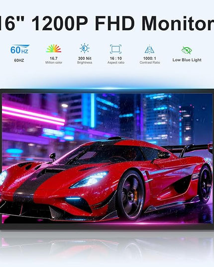Portable Monitor 16" 1200P FHD Laptop Screen Extender, Horizontal Vertical Monitors with Detachable Kickstand, Built-in Speakers, Plug & Play Computer Gaming Travel Monitor for Wins Mac Chrome Phone