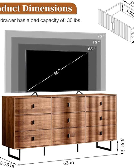Chrangmay Modern Chest of Drawers with 9 Drawers,Deep Drawers,Clothes Organizer,Large Storage Cabinet for Living Room, Bedroom,Hallway,with Anti-Tipping Device, Walnut.