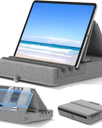 KDD Tablet Pillow Holder, Foldable iPad Stand for Lap, Bed and Desk -Tablet Soft Pad Dock with Pocket & Stylus Mount Compatible with iPad Pro 12.9, 10.5, 9.7 Air Mini 6 5 4 3, Galaxy Tab, E-Reader