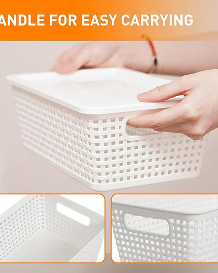 Plastic Storage Baskets With Lid, Storage Bins for Organizing, Stackable Decorative Containers for Shelves Drawers Desktop Closet Playroom Classroom Office, 10 Pack-White