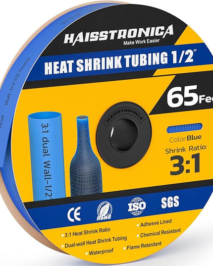 haisstronica 3:1 Heat Shrink Tubing, Shrink Ratio Adhesive Lined Marine Grade Heat Shrink Tube for Home, Automotive and Industrial (Blue) 65FT 1/2inch
